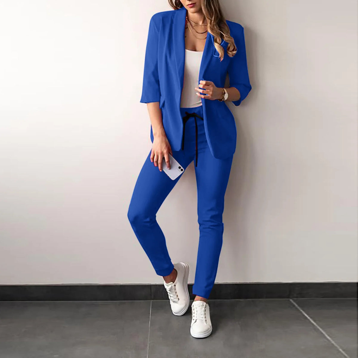 Women's Monochrome Drawstring Elastic-Waist Slit Suit Two-Piece