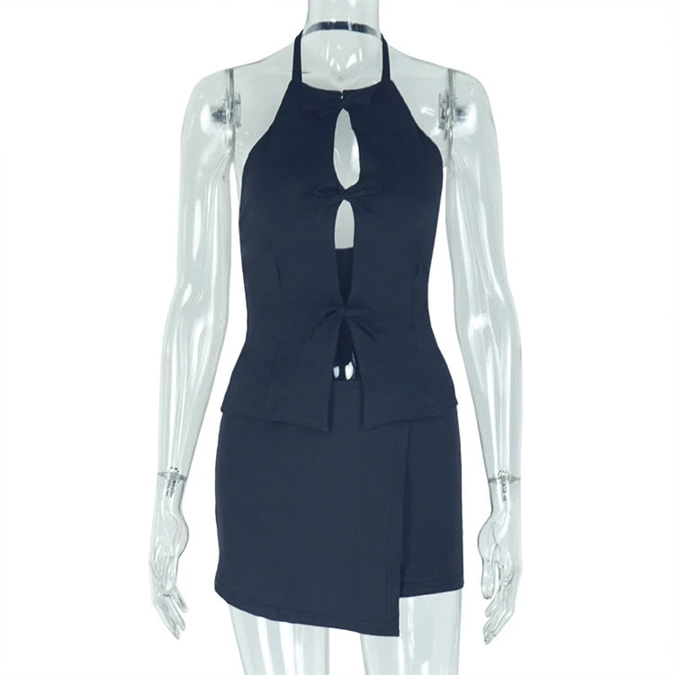 Women's White Hollow Halter Backless Top and Irregular Mini Skirt Set