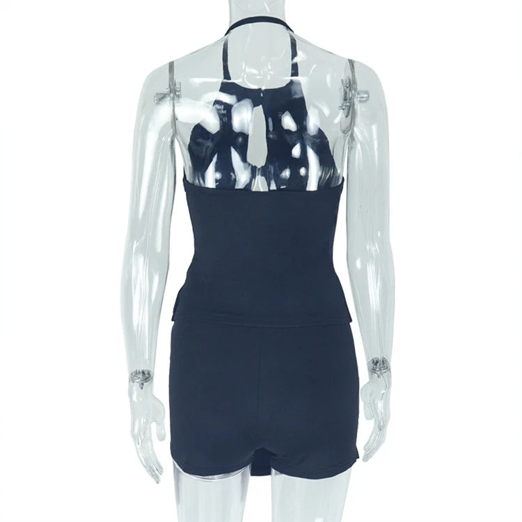 Women's White Hollow Halter Backless Top and Irregular Mini Skirt Set