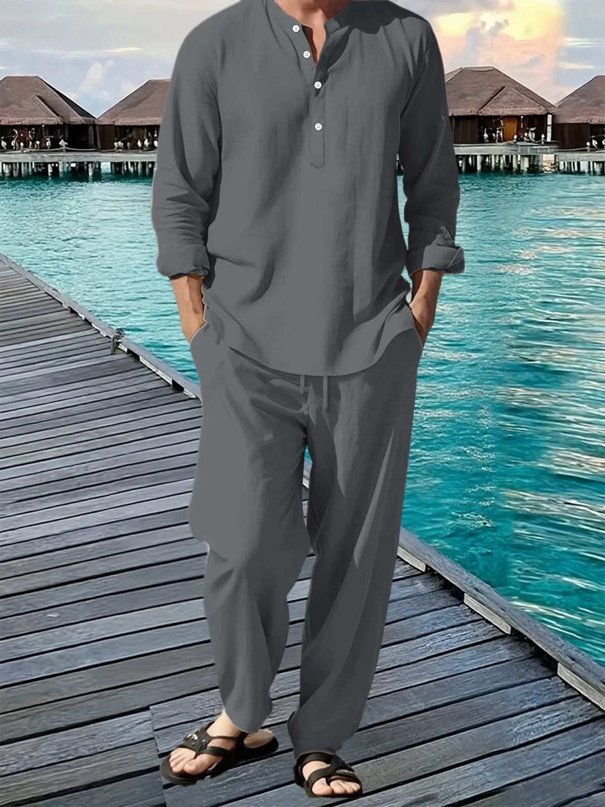 Men's Solid Hawaiian Beach Shirt and Jogger Pants Set