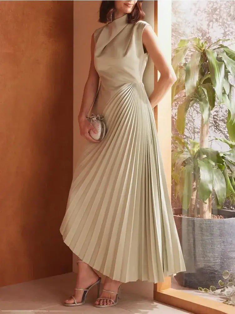 Women's Solid High Neck Sleeveless Pleated Floor Evening Dress