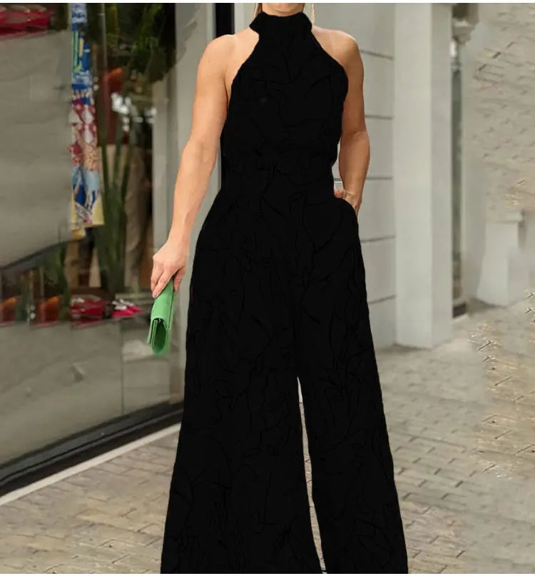 Women's Print Halter Wide-Leg Sleeveless Jumpsuit