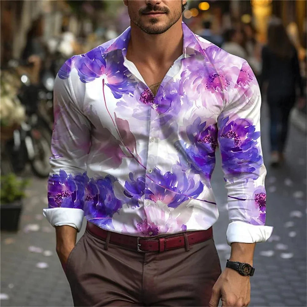 Men's 3D Leaf Print Lapel Long Sleeve Button Shirt