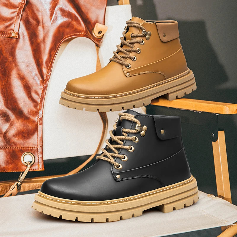 Men's elevator chelsea boots tan and black pair lifestyle