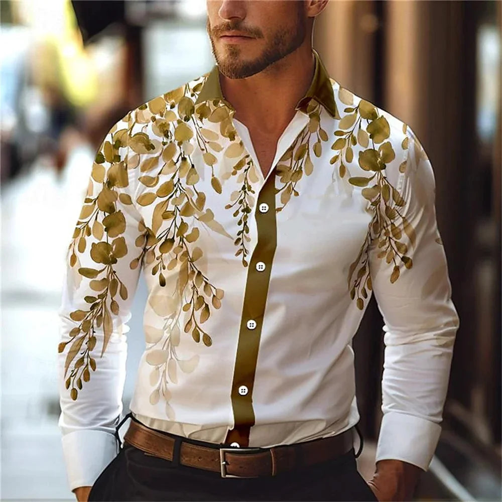 Men's 3D Leaf Print Lapel Long Sleeve Button Shirt