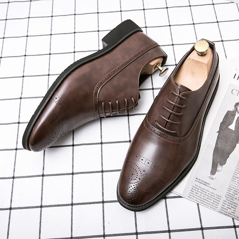 Men's Brown Black PU Lace-up Brogue Oxford Dress Shoes