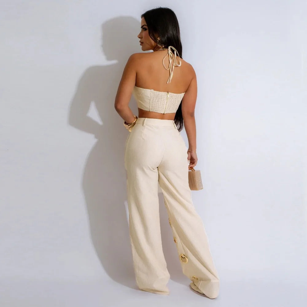 Women's Sequined Halter Top and Wide Leg Pants Set