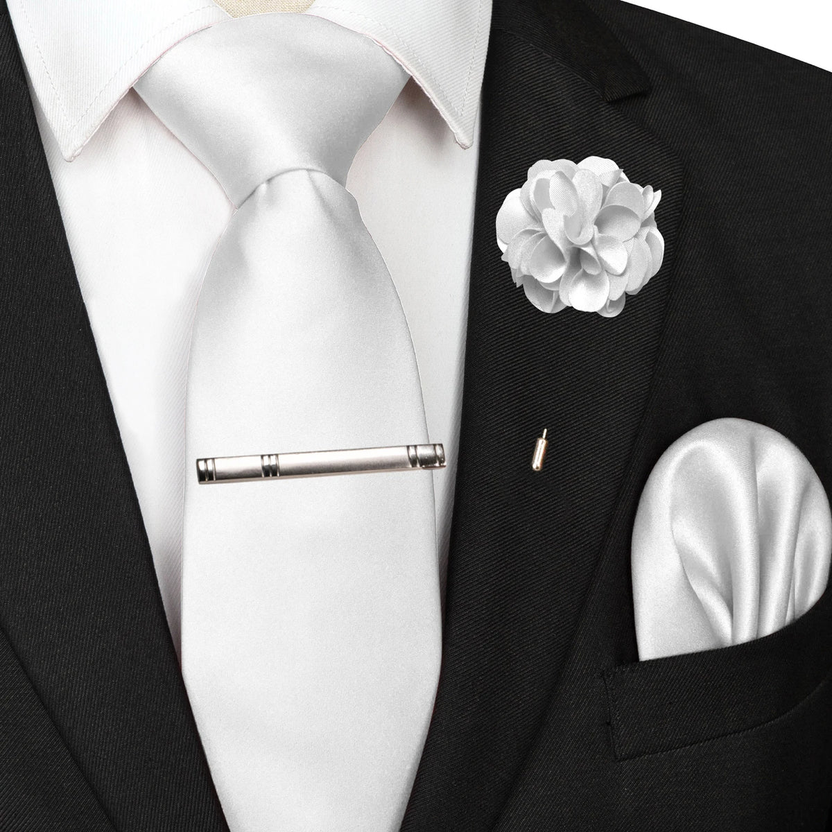 Men's Solid Color Tie Set with Lapel Pin and Pocket Square