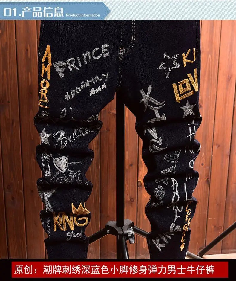 Men's Embroidery Badge Retro Cargo Black Denim Jeans