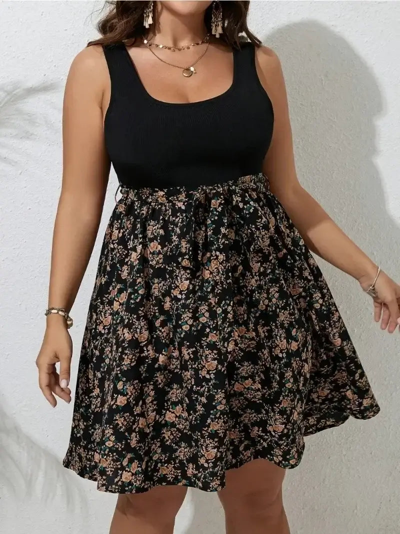 Women's Plus Size Sleeveless Floral Knit Knee-Length Dress