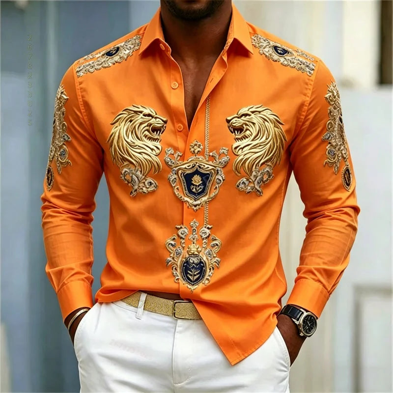 Men's Baroque Lion Head Slim Fit Long Sleeve Shirt XS-6XL