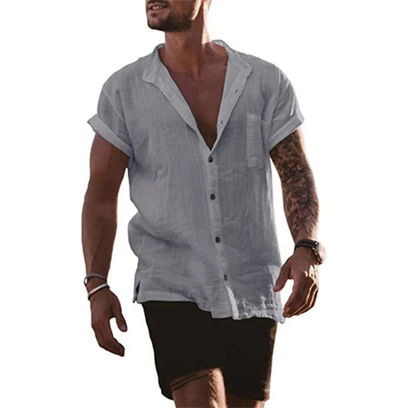 Men's Cotton Linen Short Sleeve Stand Collar Beach Shirt