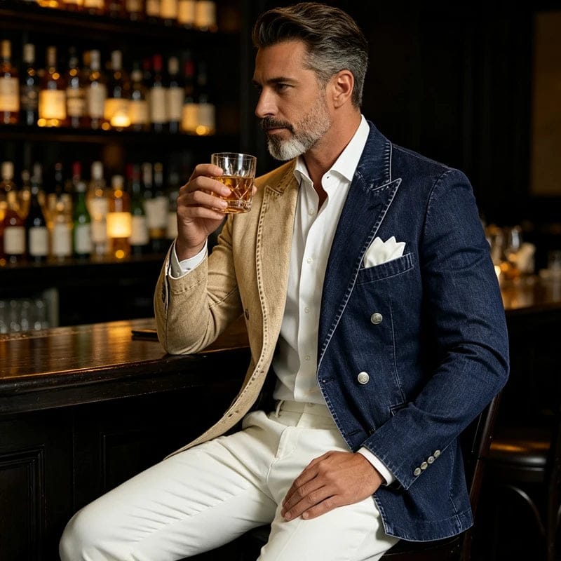 Men's Spliced Denim Peak Lapel Double-Breasted Blazer