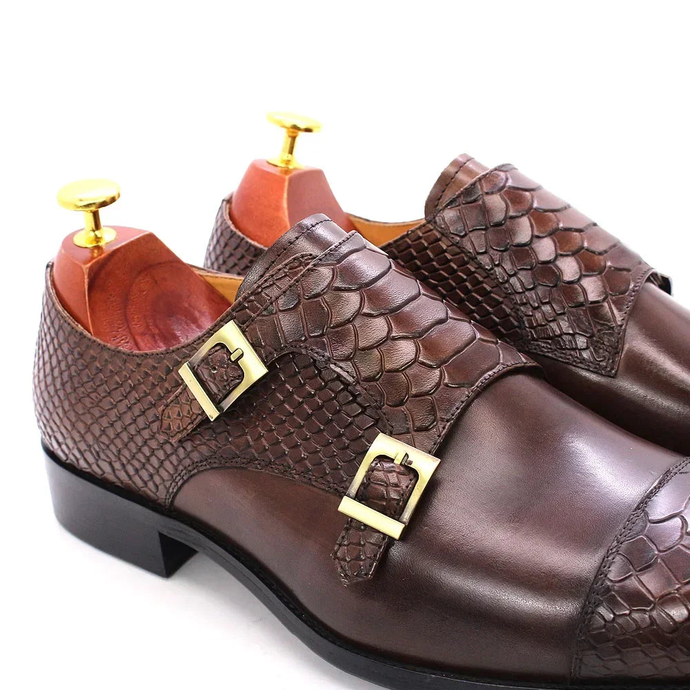 Men's Leather Double Buckle Monk Strap Snake Print Dress Shoes