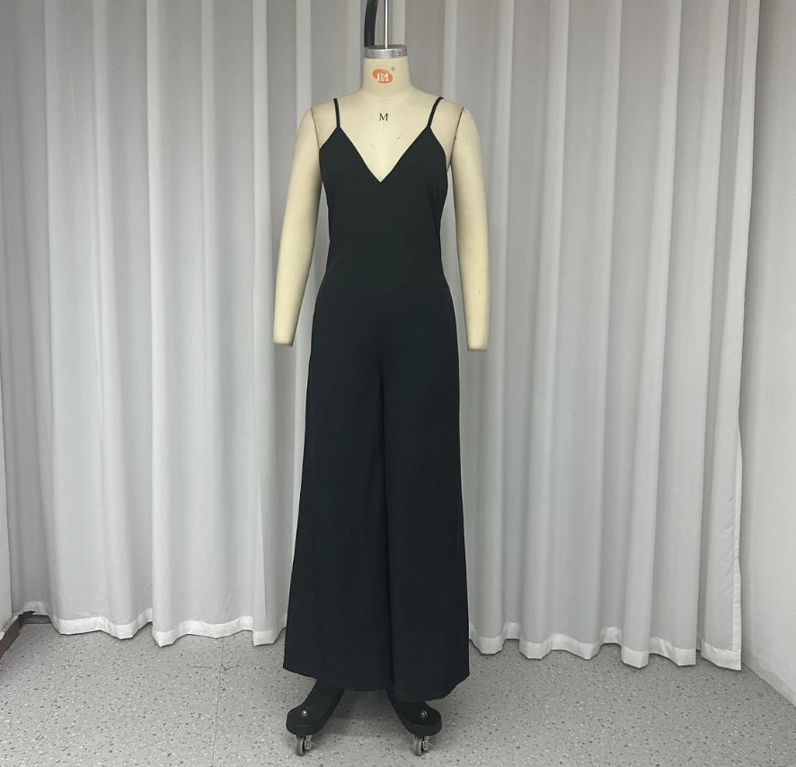 Women's V-Neck Solid Color Wide Leg Suspender Jumpsuit Black