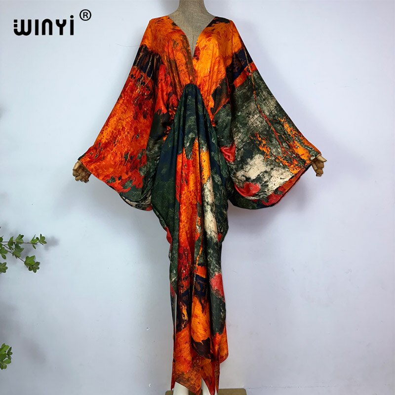 Women's Silk Rayon Print Bohemian V-Neck Beach Maxi Dress
