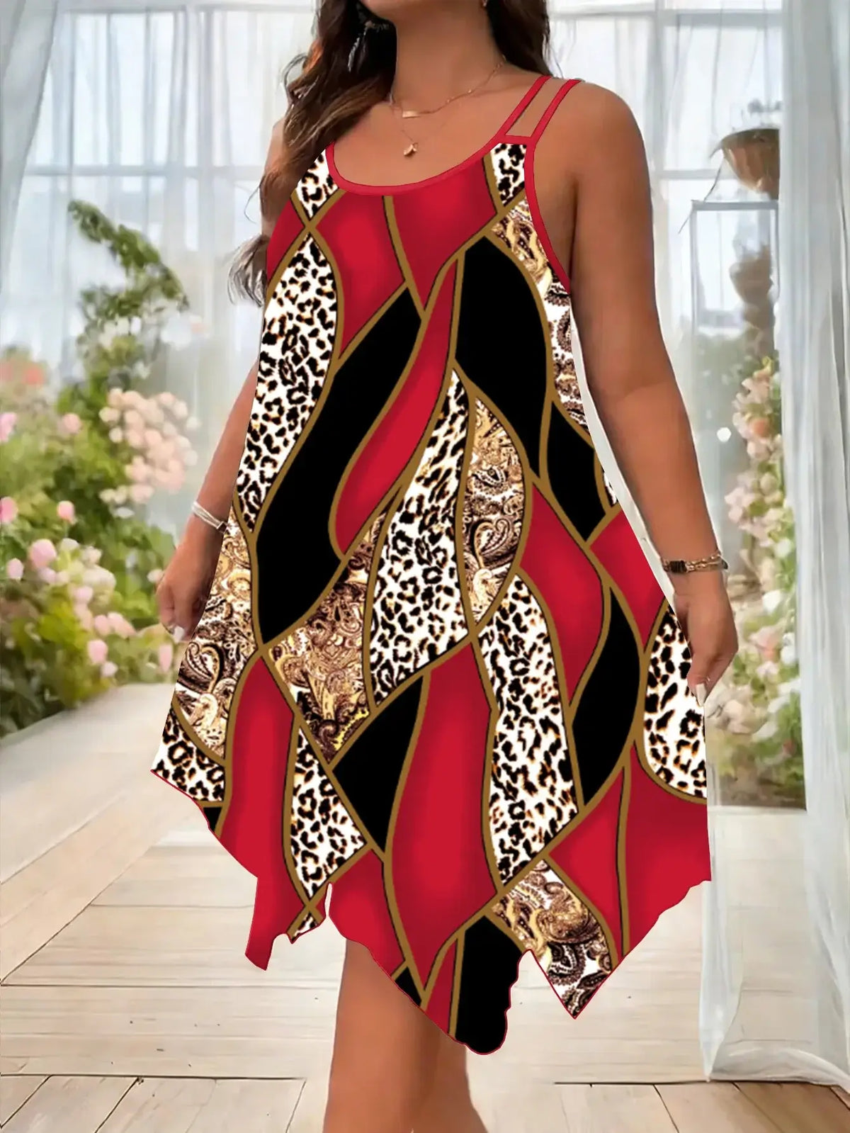 Women's Plus Size Asymmetrical Geometric Stripe Double-Strap Dress