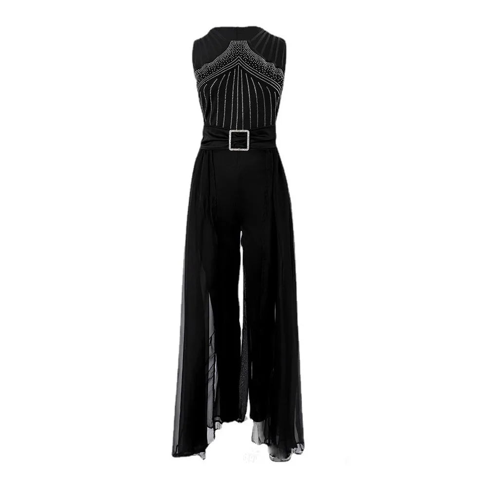 Women's Rhinestone Mesh Sleeveless Floor-Length Red Jumpsuit