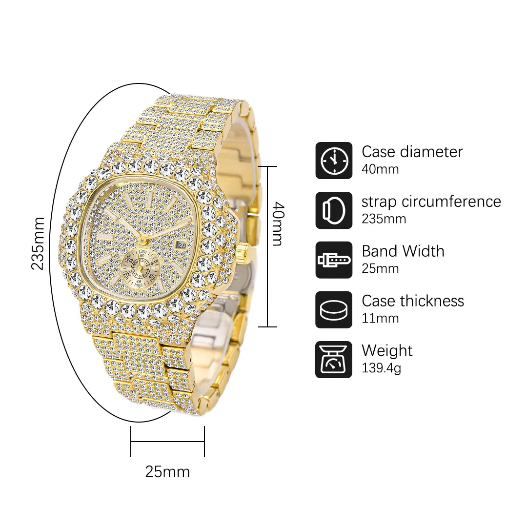 Men's Hip Hop Iced Out 18K Gold Automatic Date Steel Watch