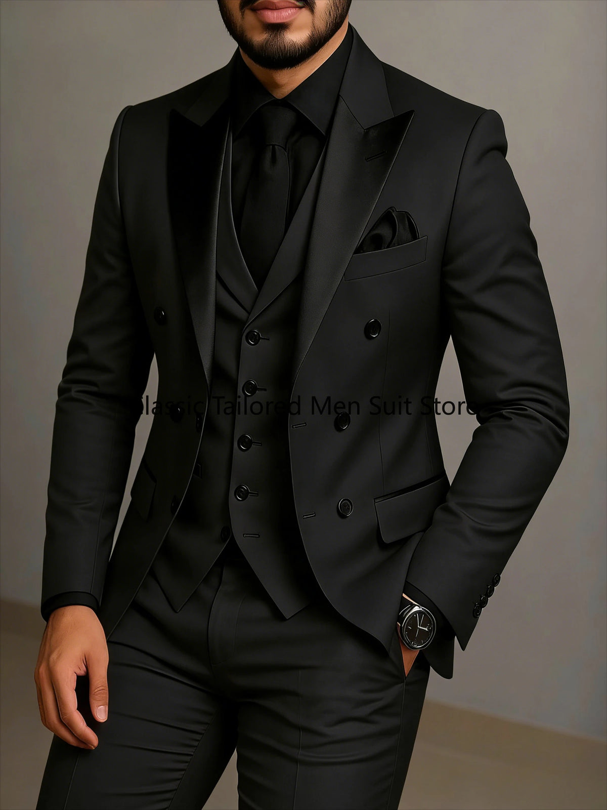 Beige Double Breasted Suit Black Lapel Slim Fit Wedding Suit