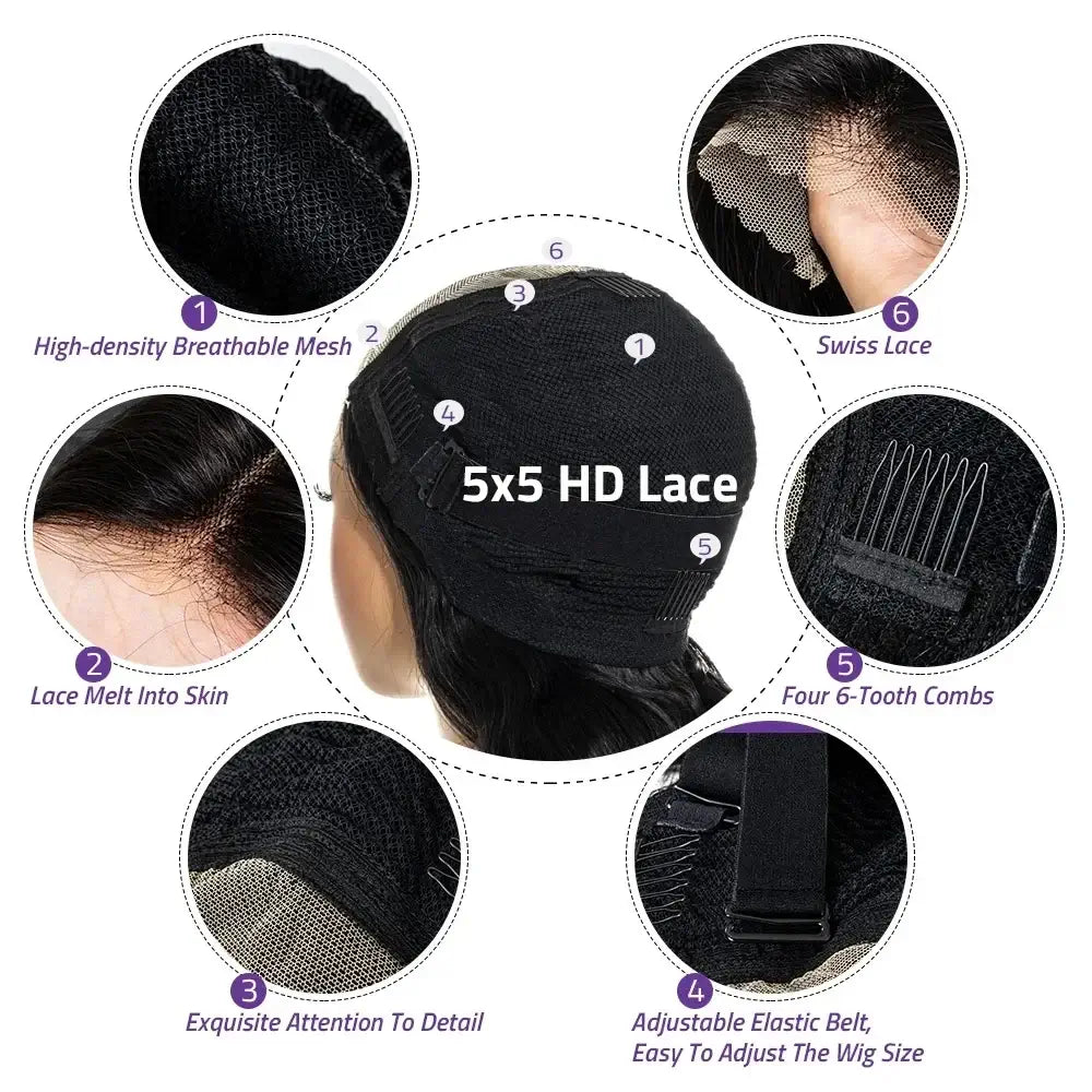 5x5 HD Lace construction features, including breathable mesh, Swiss lace, and adjustable elastic belt, for maximum comfort.