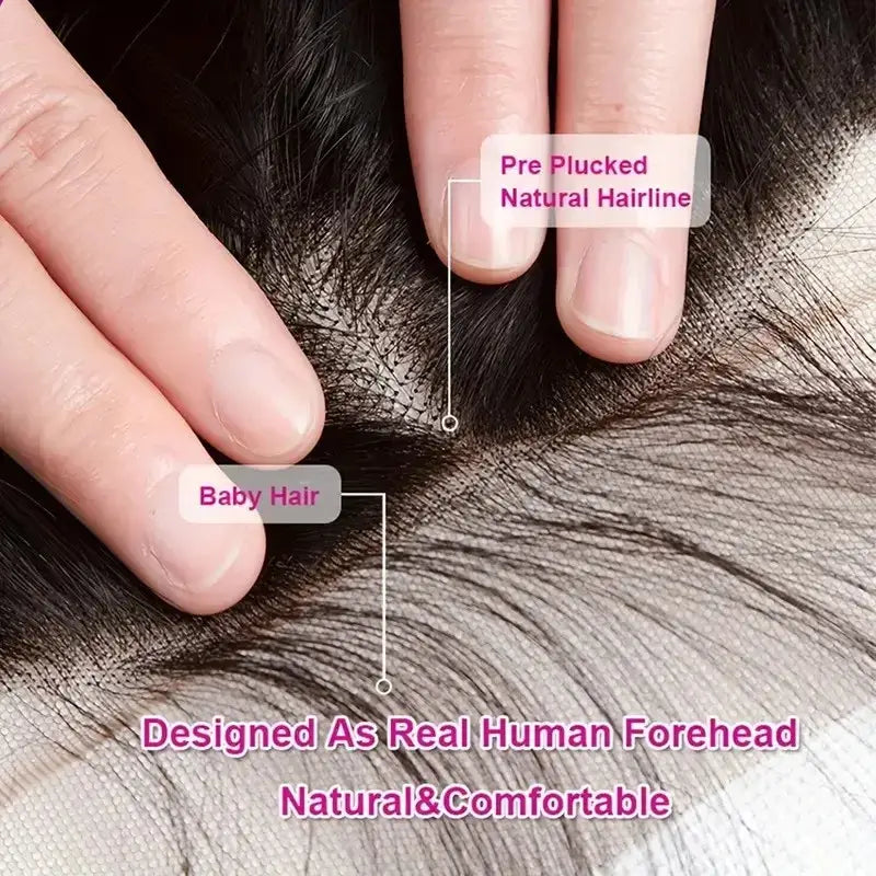 Close-up image showing pre-plucked natural hairline and baby hair on human hair lace frontal, designed as real human forehead.