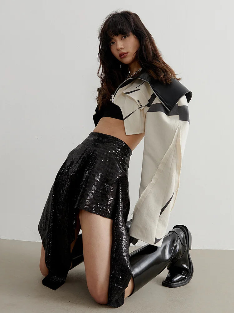 Women's Contrast Lapel Zipper Short Jacket Coat