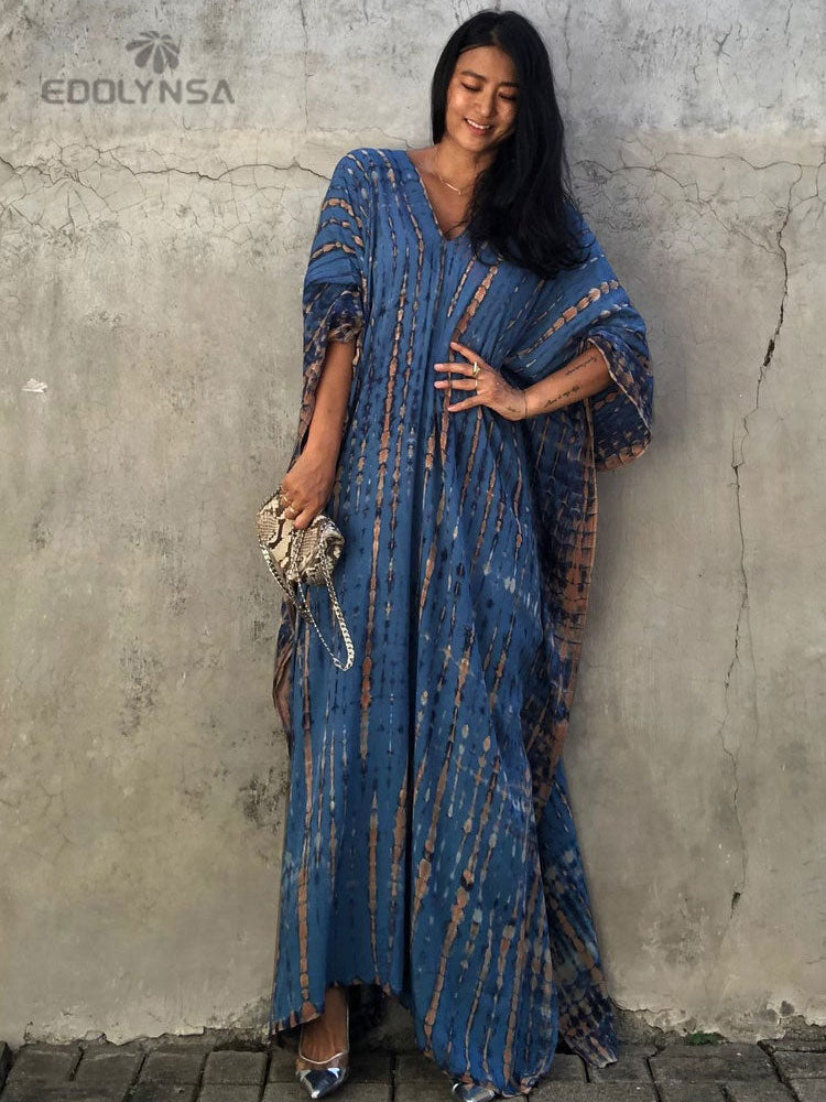 Women's Bohemian Printed V-Neck Batwing Split Maxi Dress
