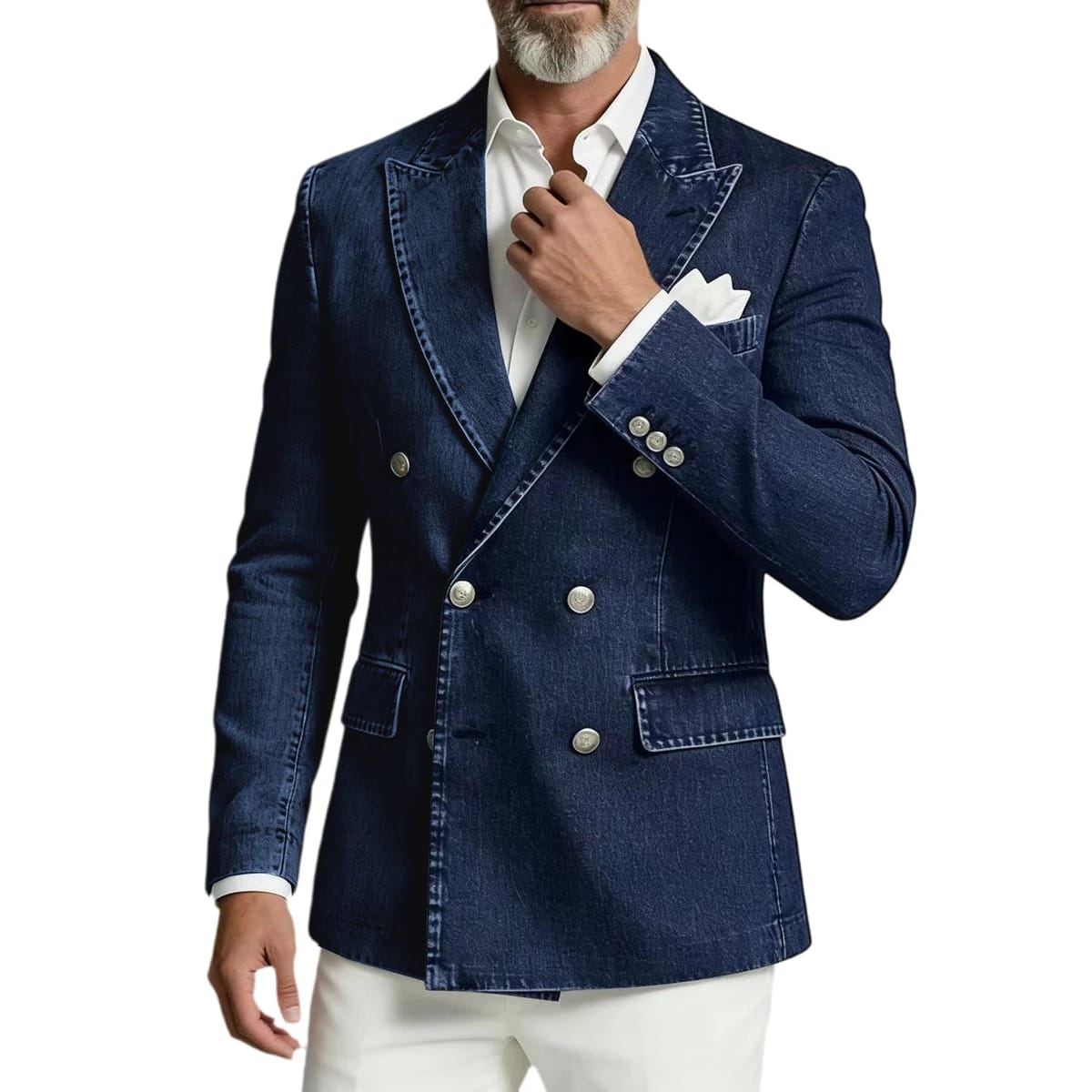 Men's Spliced Denim Peak Lapel Double-Breasted Blazer