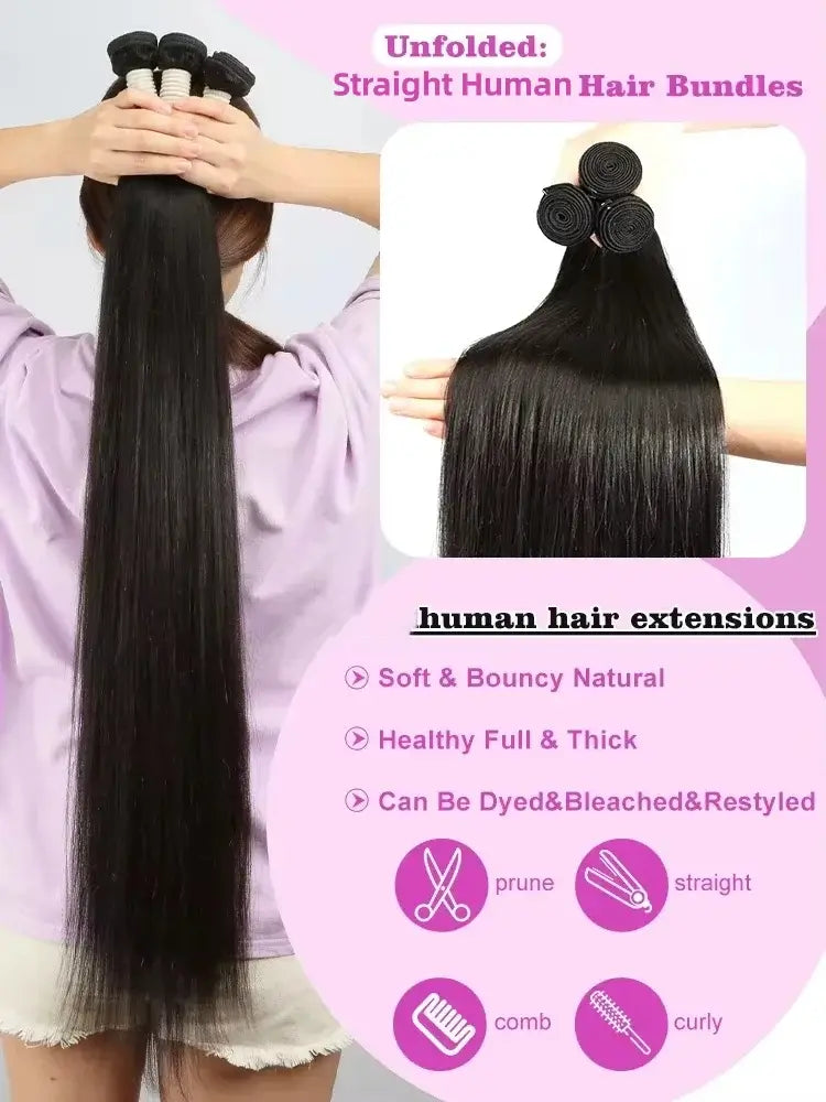 Real Human Hair Bone Straight Bundles 30 40 Inches Raw Hair 1 3 4 Bundles Brazilian Hair Weave Extensions For Black Women.