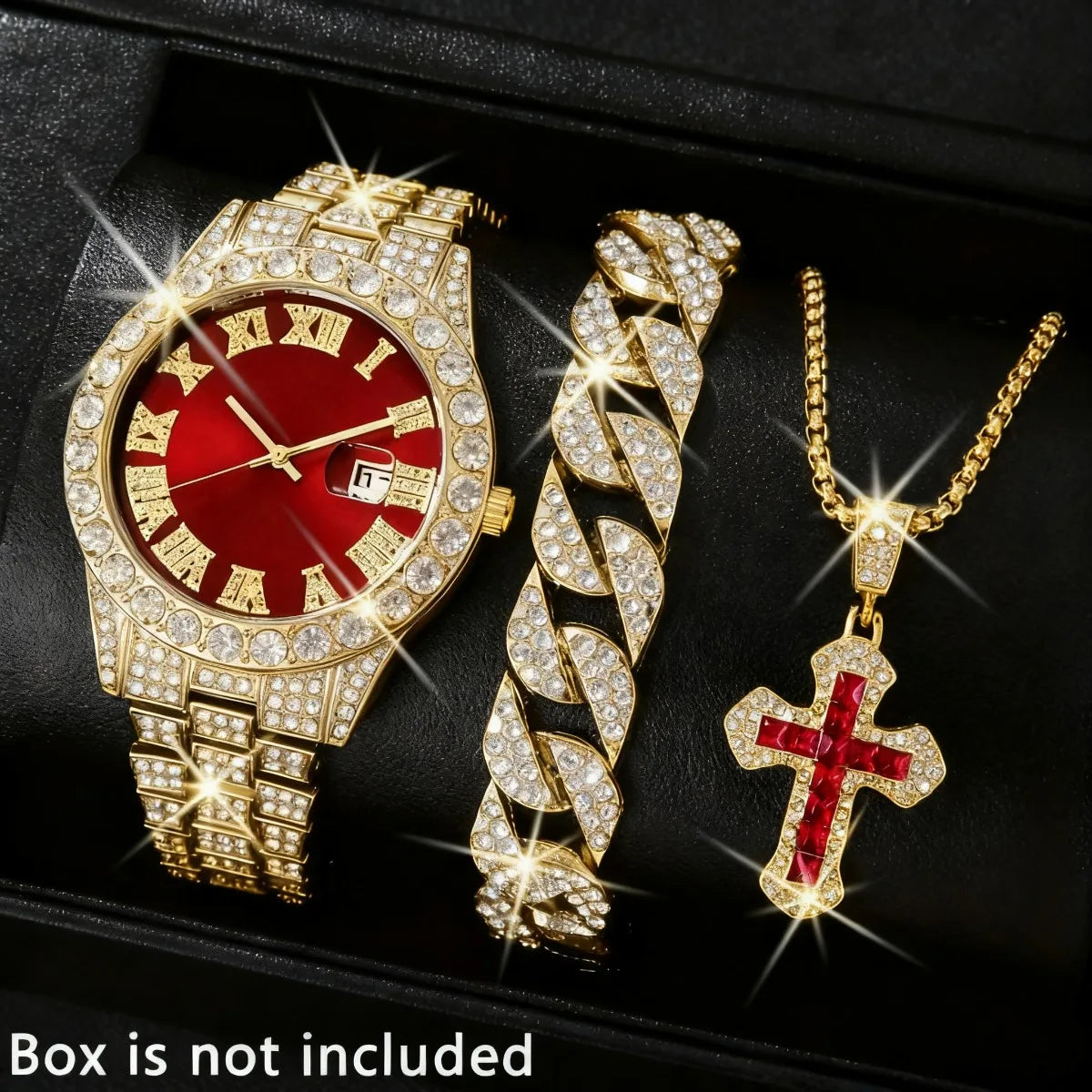 Men's 3-Piece Diamond Quartz Watch, Bracelet and Necklace Set