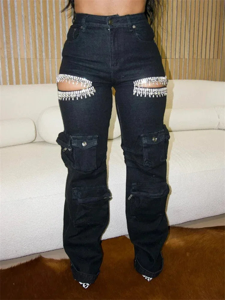 Chic Autumn Style Woman Pants with Tassel Diamond Pieces Mid Waist Straight Leg Jeans
