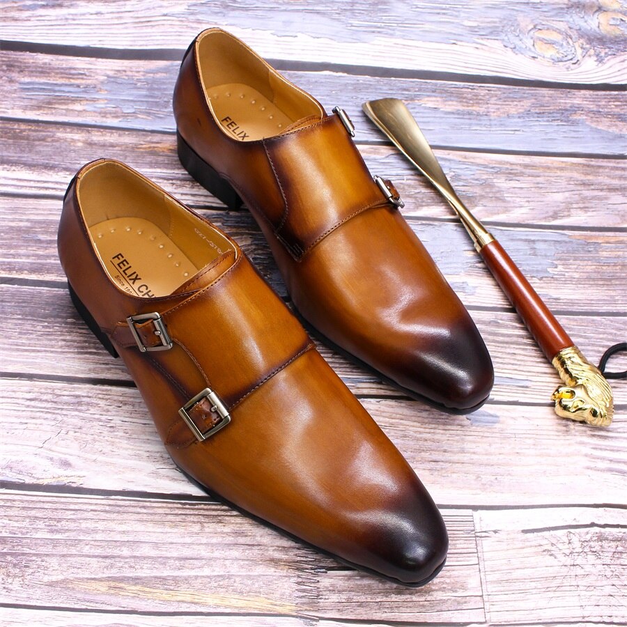 Men's Calf Leather Double Buckle Monk Strap Dress Shoes