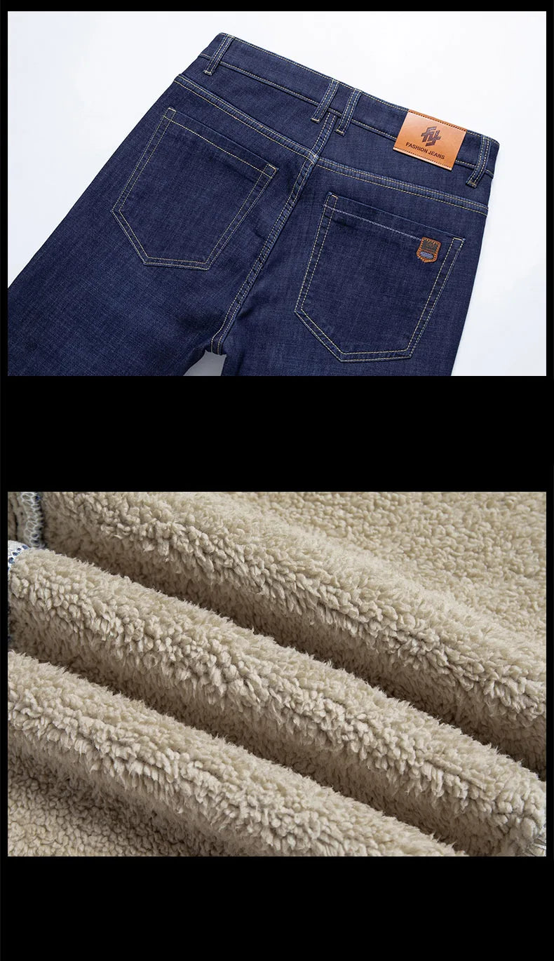 Men's Winter Fleece-Lined Lamb Denim Straight Stretch Jeans, Size 40