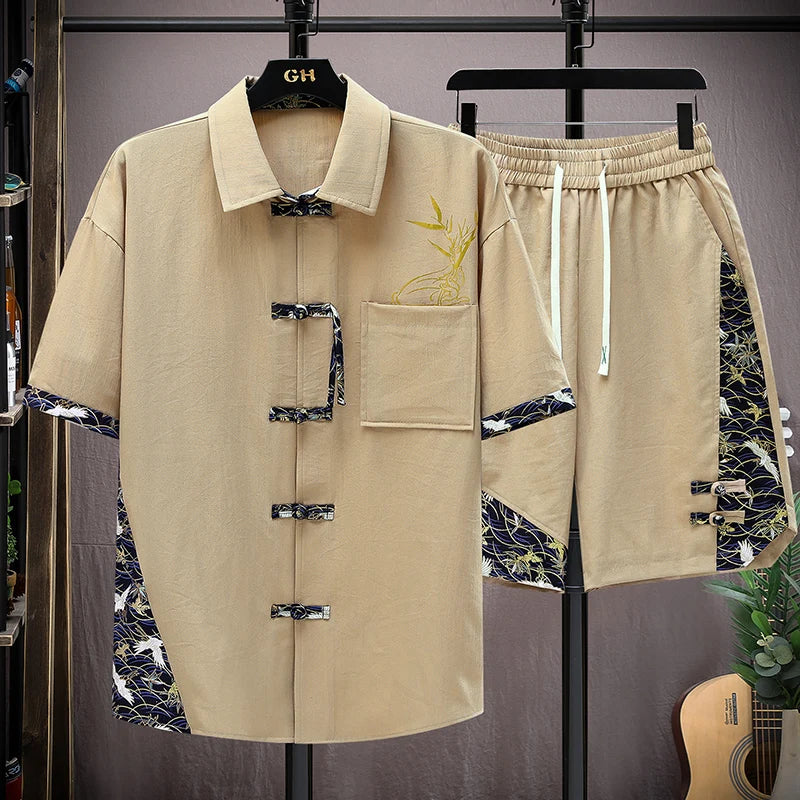 Men's Print Short-Sleeve Shirt and Shorts Two-Piece Set