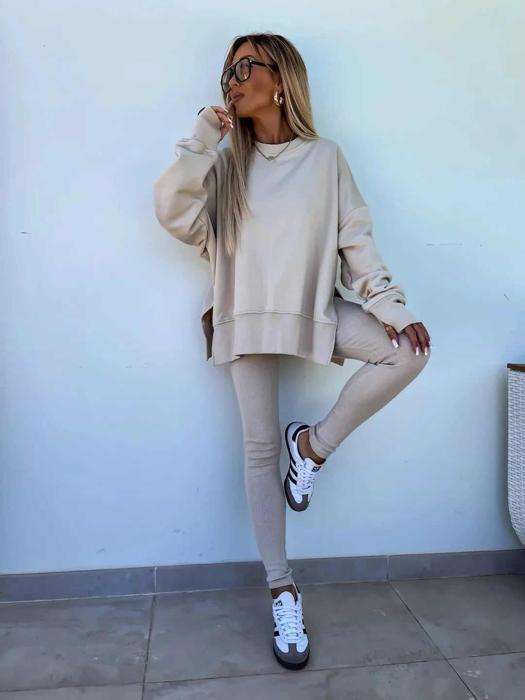 Women's Loose Shirt and Tight Pants Two-Piece Set