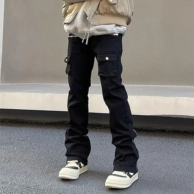Men's Black Flared Zipper Cargo Jeans