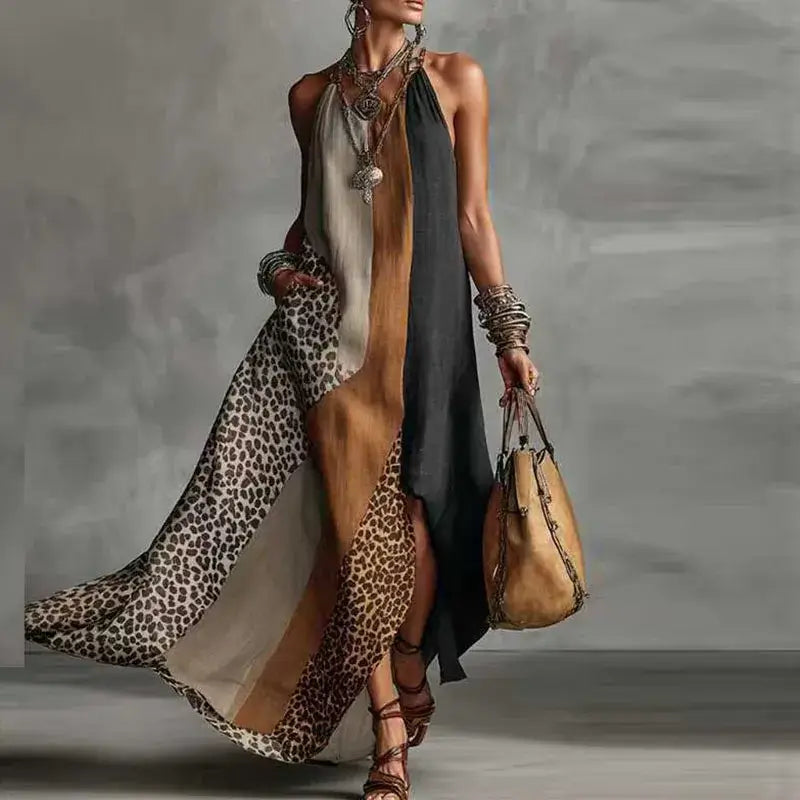 Women's Animal-Print Halter Split-Hem Maxi Dress, Sleeveless