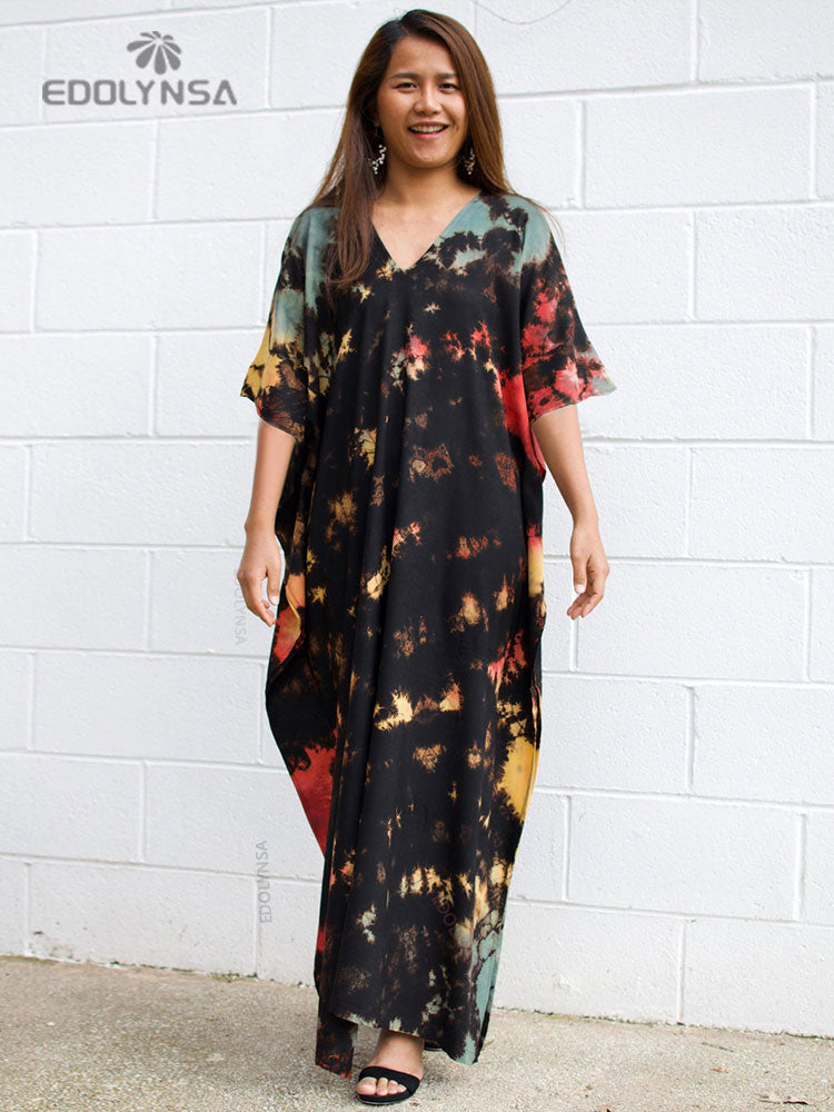 Women's Bohemian Printed V-Neck Batwing Split Maxi Dress