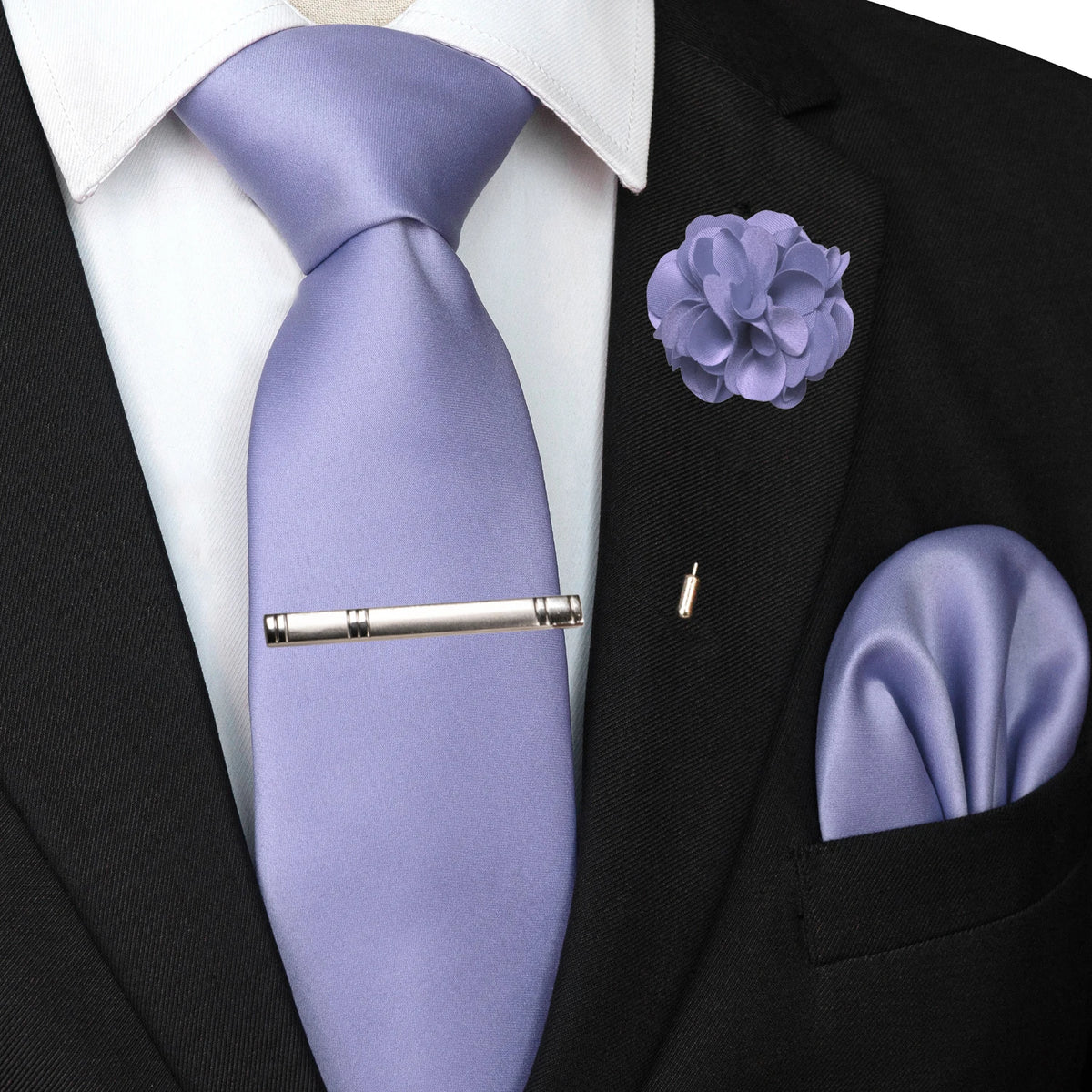 Men's Solid Color Tie Set with Lapel Pin and Pocket Square