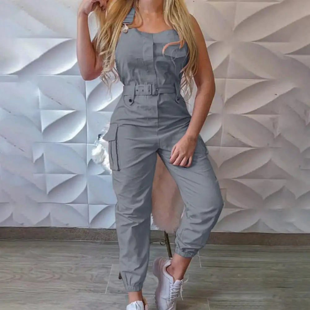 Women's High-Waist Halter Cargo Jumpsuit, Slim Pocket Overalls