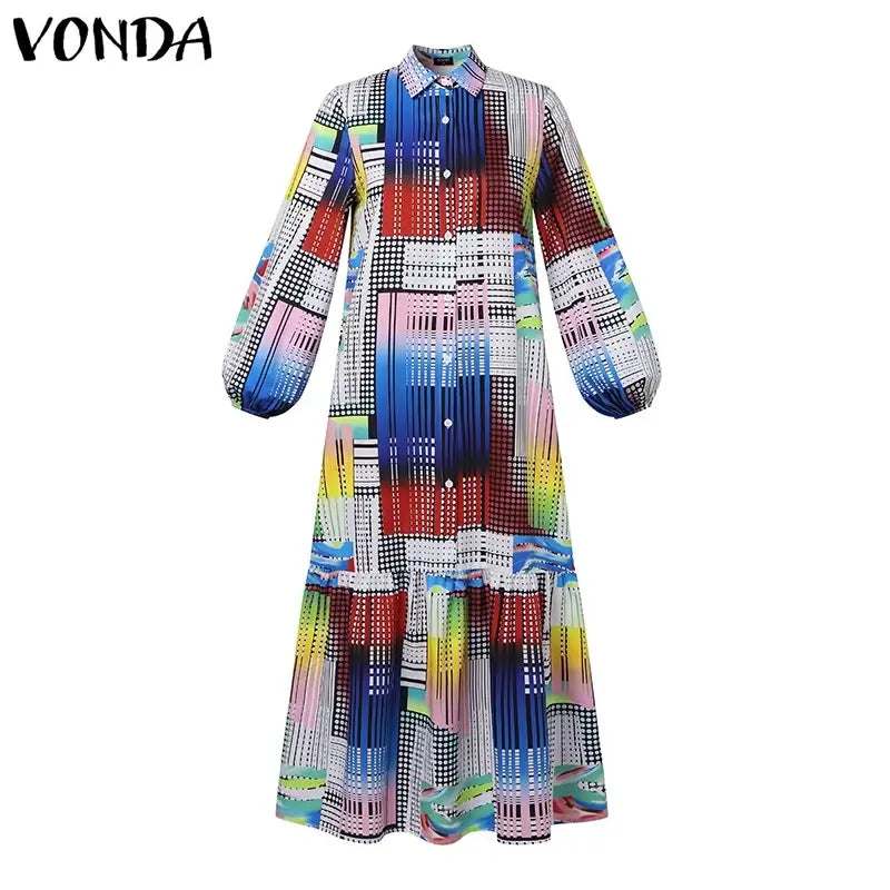 Women's Plus-Size 5XL Bohemian Printed Long Sleeve Vintage Maxi Dress