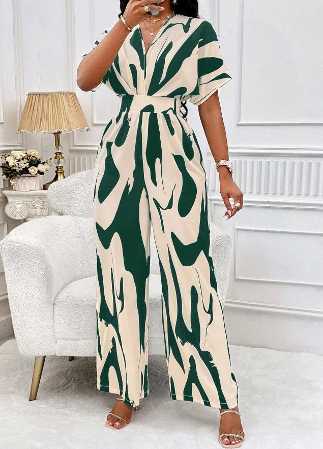Women's V-Neck Short-Sleeve Printed Wide-Leg Jumpsuit