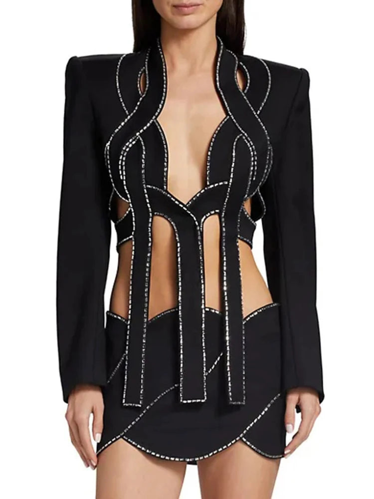 Women's Diamond Hollow Blazer and Bandage Skirt 2-Piece Set