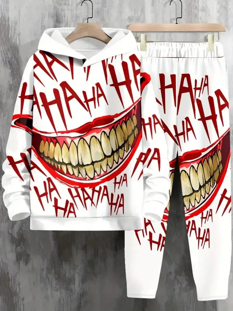 Men's Casual 3D Smiling-Face Print Hoodie and Pants Set, Spring Autumn