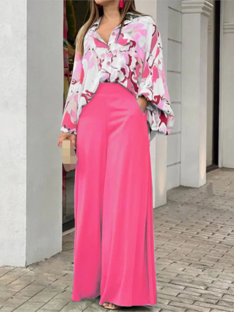 Women's Printed Shirt and Solid Pants Two-Piece Set