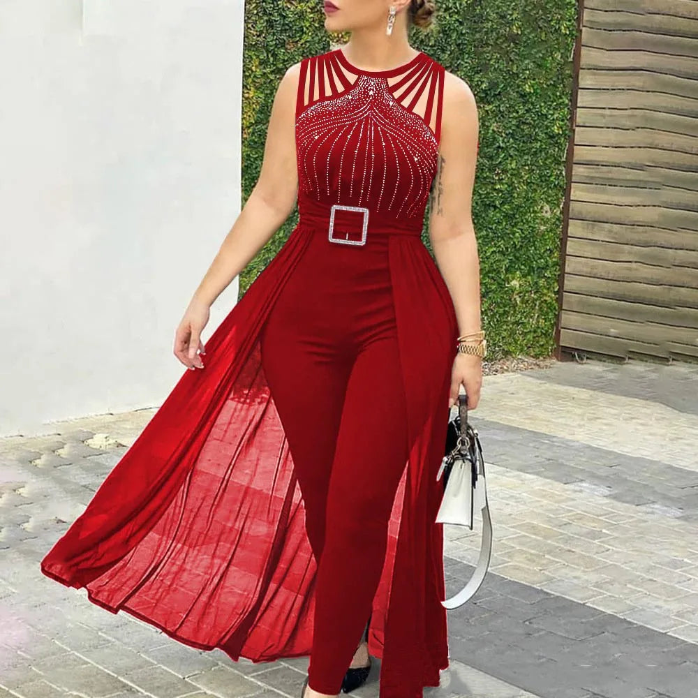 Women's Rhinestone Mesh Sleeveless Floor-Length Red Jumpsuit