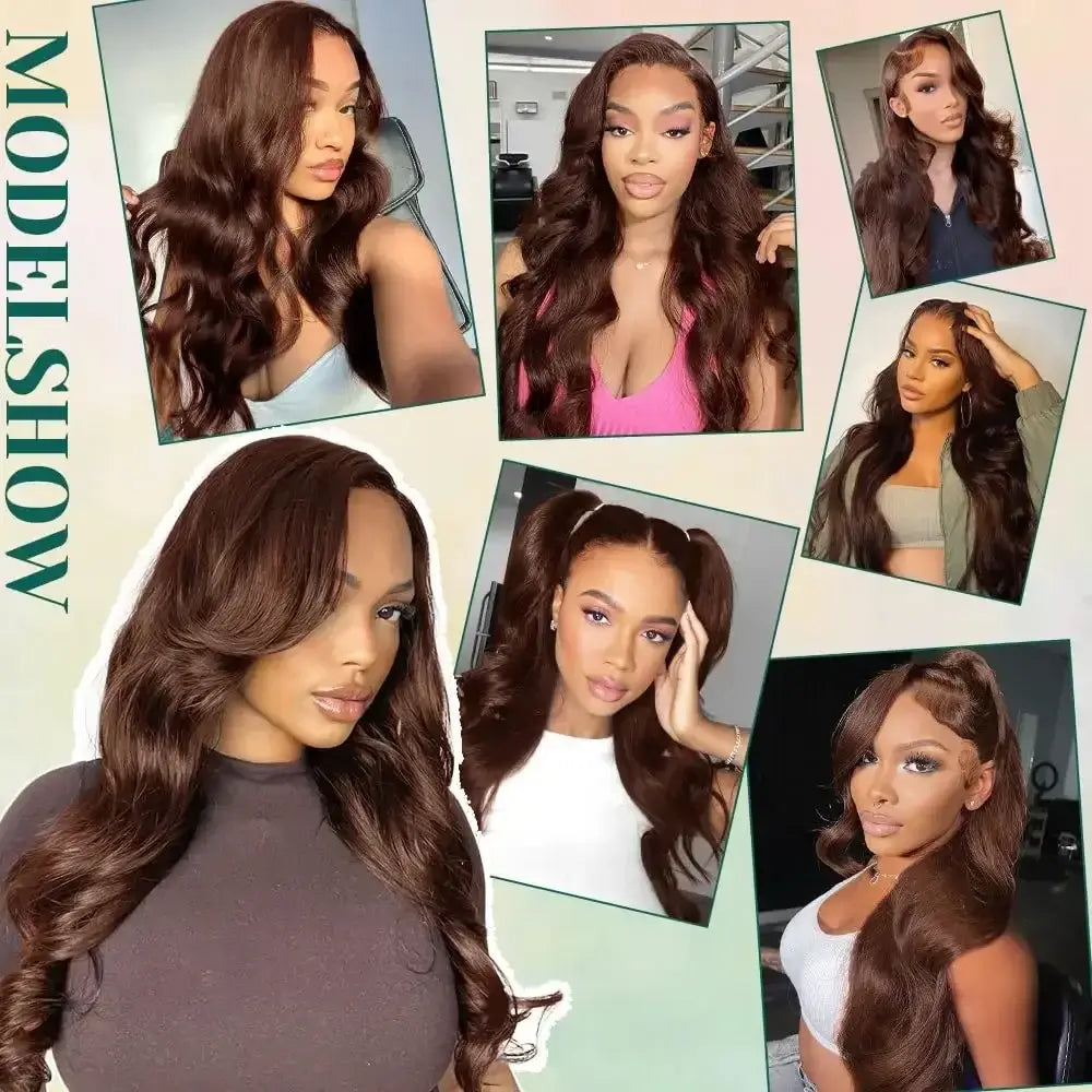 Body Wave Wig 46 Inches #4 Chocolate Brown Remy Hair 13x4 13x6 HD Transparent Lace Frontal Wigs Pre Plucked Human Hair For Women model showcase.