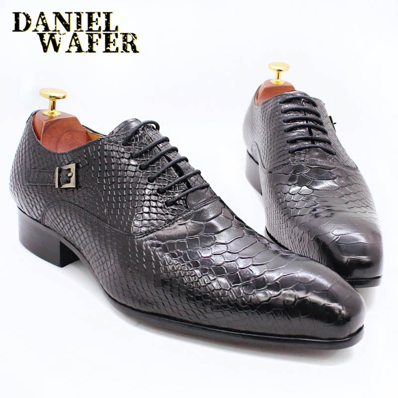Men's Snake Print Leather Lace-Up Pointed Oxford Dress Shoes
