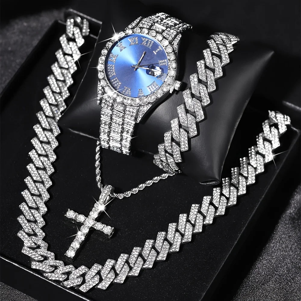 Men's Bling Quartz Watch and Cuban Chain Necklace Set